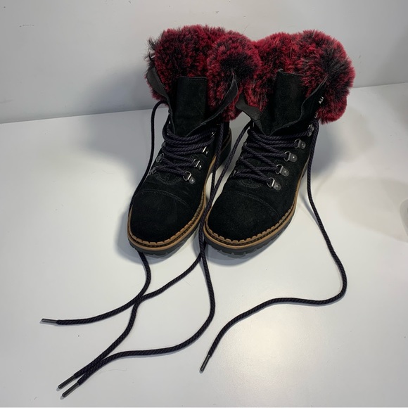 Sam Edelman Women's Bowen Black Leather Raspberry Wine Faux Fur Boots Size 7.5 - Picture 9 of 13